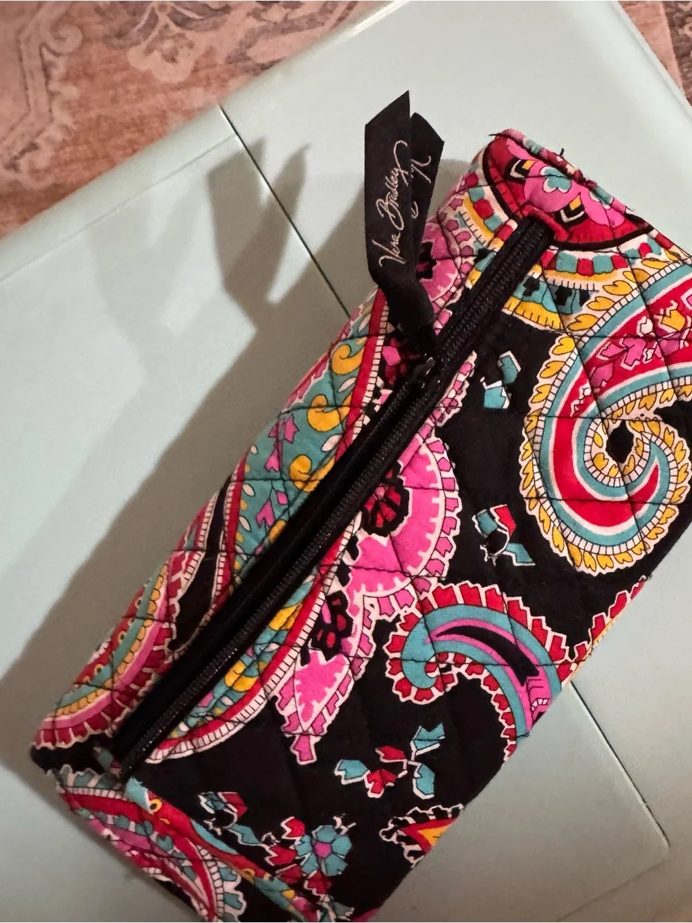 Quilted Paisley Clutch in Black with Pink & Teal Accents - Picture 2 of 3